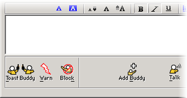 An AIM chat window showing the Toast Buddy BadassBuddy icon as the buddy button