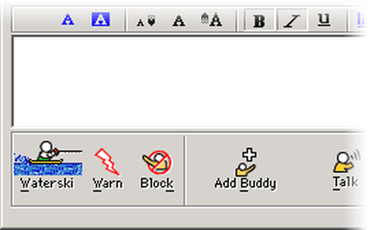 An AIM chat window showing the Waterski BadassBuddy icon as the buddy button